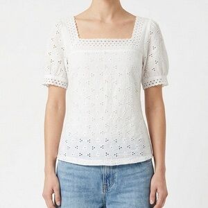 Vintage Notice Eyelet Lace Puff Short Sleeve Square Neck Boho Top in White S